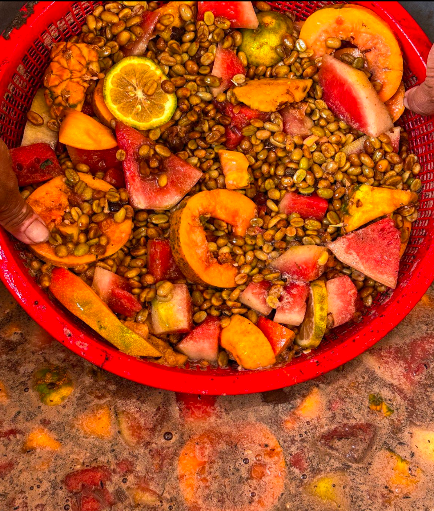 Früchtekorb mit Rohkaffee. Gezeigt wird der Prozess der Fermentation.