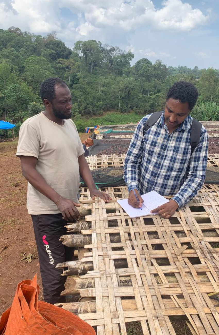 Zwei Männer stehen vor Notizblock, im Hintergrund werden Kaffeekirschen getrocknet und es ist ein Waldstück zu sehen.