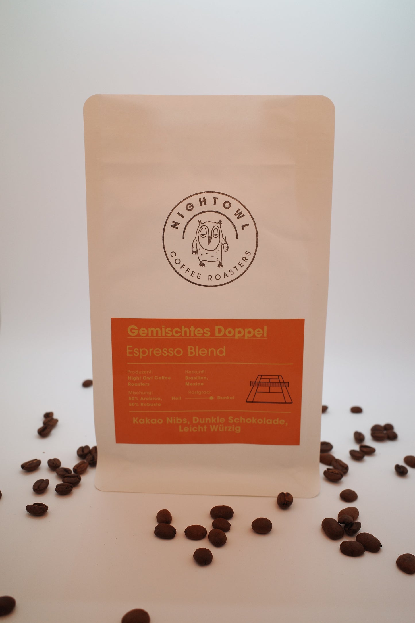 Eine Packung Kaffee mit Bohnen im Vordergrund, Infos stehen im Infotext.