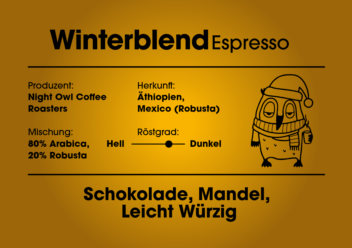 Gelb-Orangenes Etikett, Eule mit Mütze und Schal. Infos stehen im Infotext.
