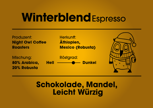 Gelb-Orangenes Etikett, Eule mit Mütze und Schal. Infos stehen im Infotext.